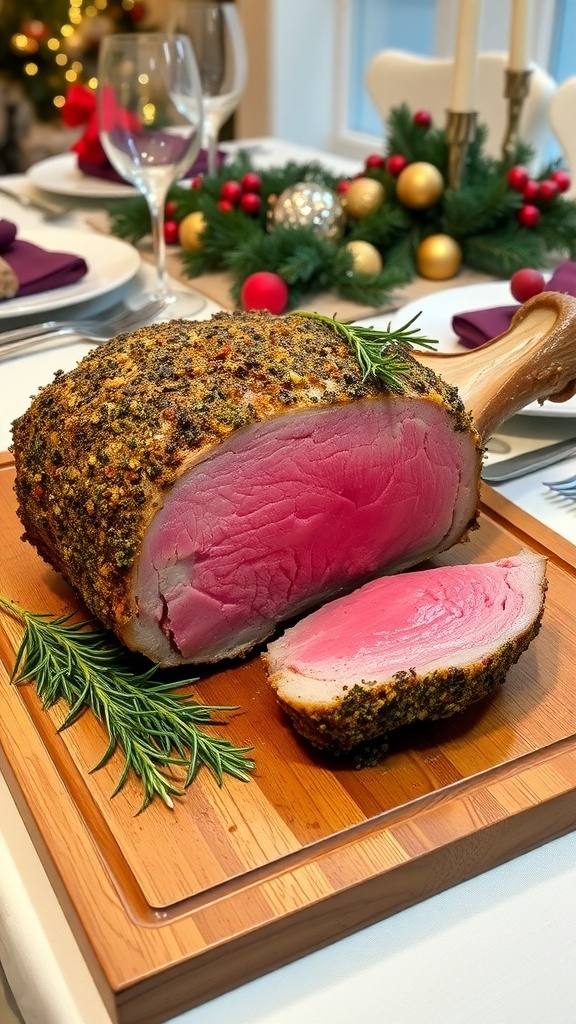 A succulent roast prime rib with herb crust on a cutting board, garnished with rosemary, ready for Christmas dinner.